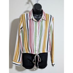 Timing Multicolor Striped Button Down Blouse Tie Waist Long Sleeve Medium